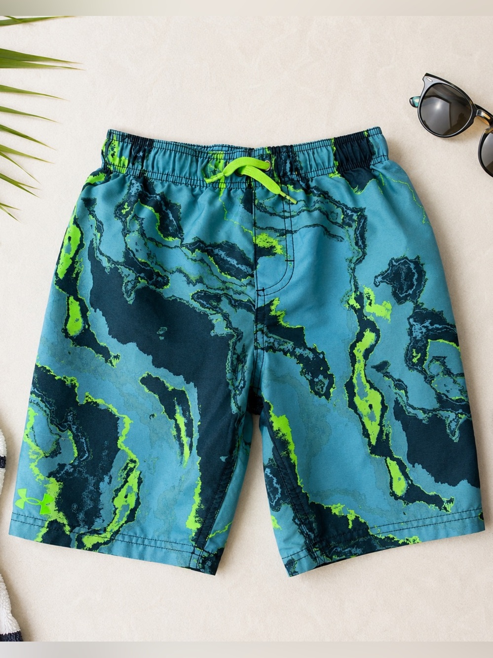 Under Armour Swim Trunks YMD Blue Neon Green Marble Print